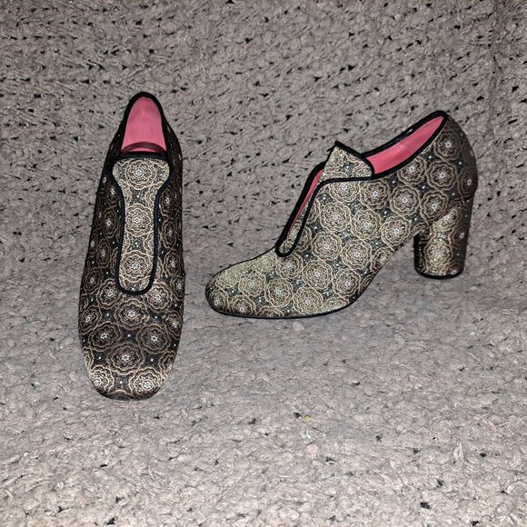 PAS DE ROUGE-ITALY-Gold/White Tapestry Brocade Booties-Sz 40-Near Mint - Picture 1 of 8